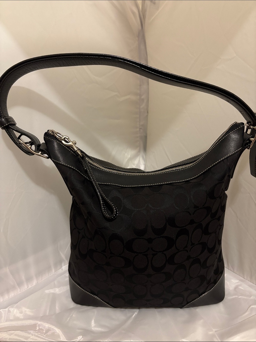Coach Black Signature Jacquard Hobo with Leather Trim